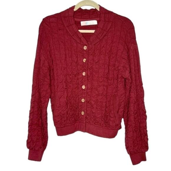 FP FREE PEOPLE Beach Burgundy Red Tan Button Knit Cardigan Ruche Bomber Jacket S - Picture 2 of 10